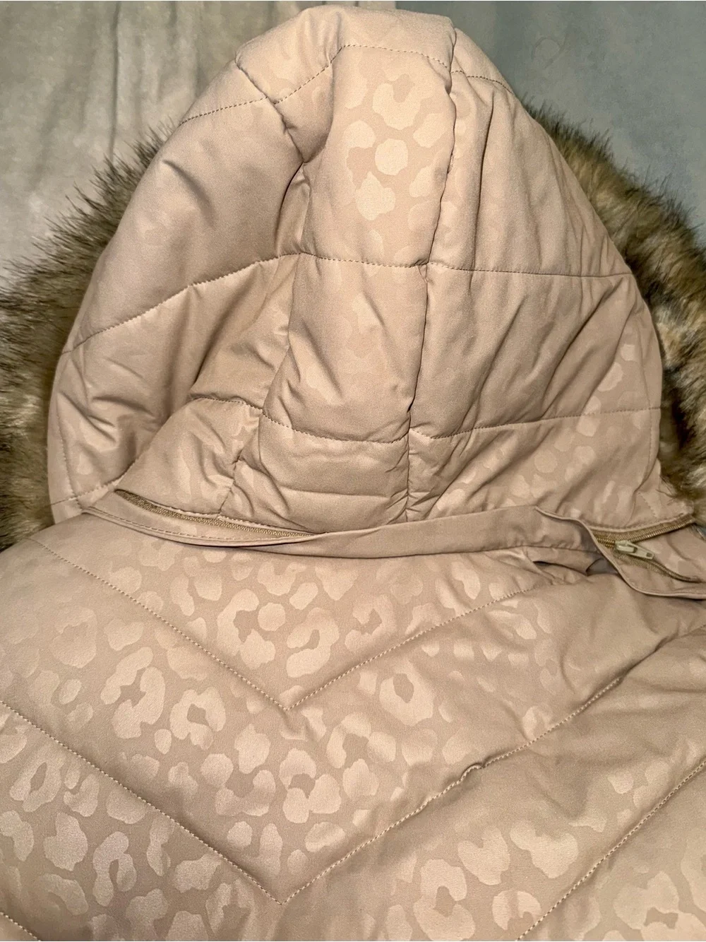 Michael Kors Light Taupe Leopard-Print Puffer Coat with Faux Fur Trim